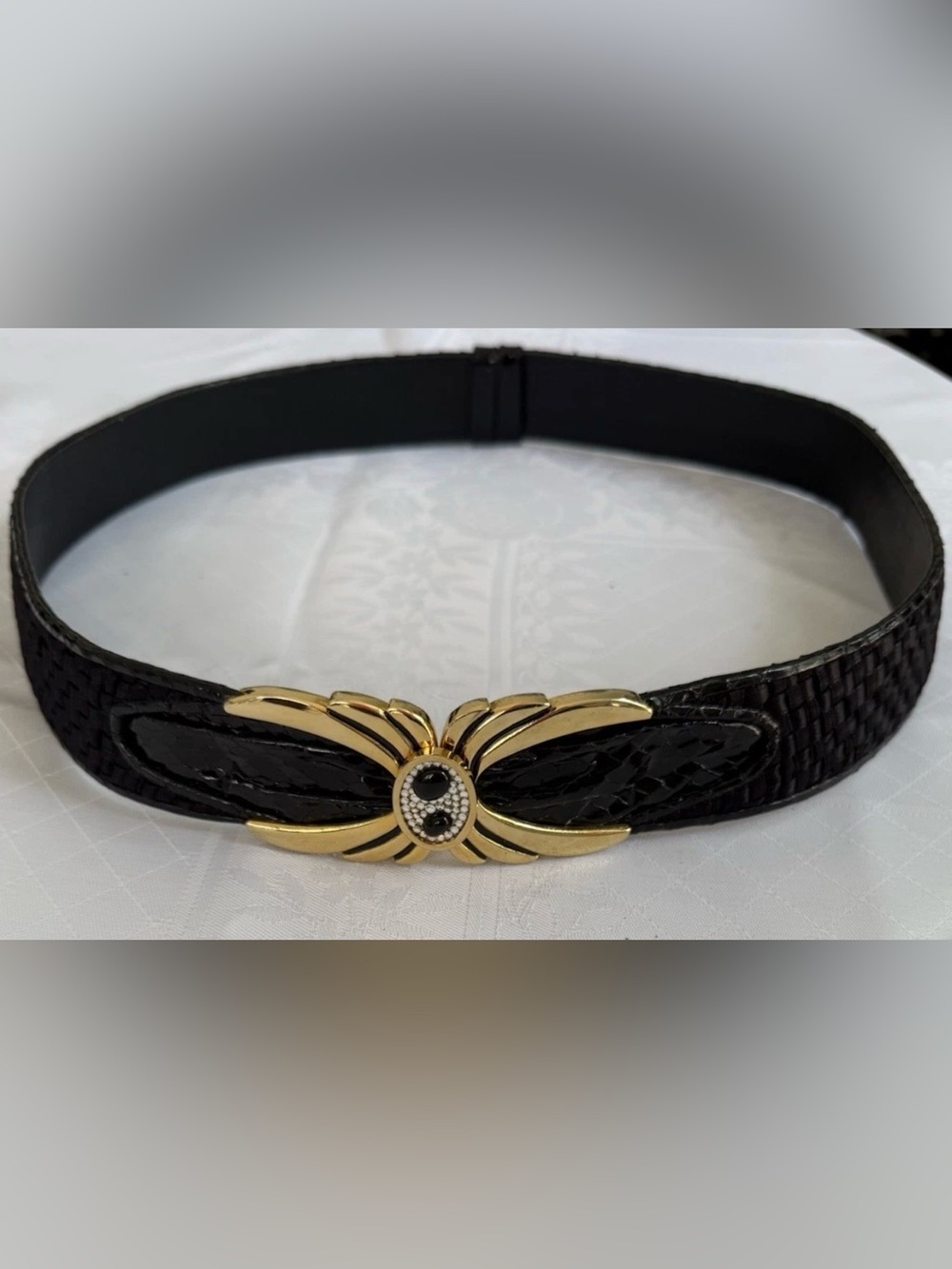 VTG Finesse La Model Black Woven Leather Belt Gold Art Deco Snake Rhinestone